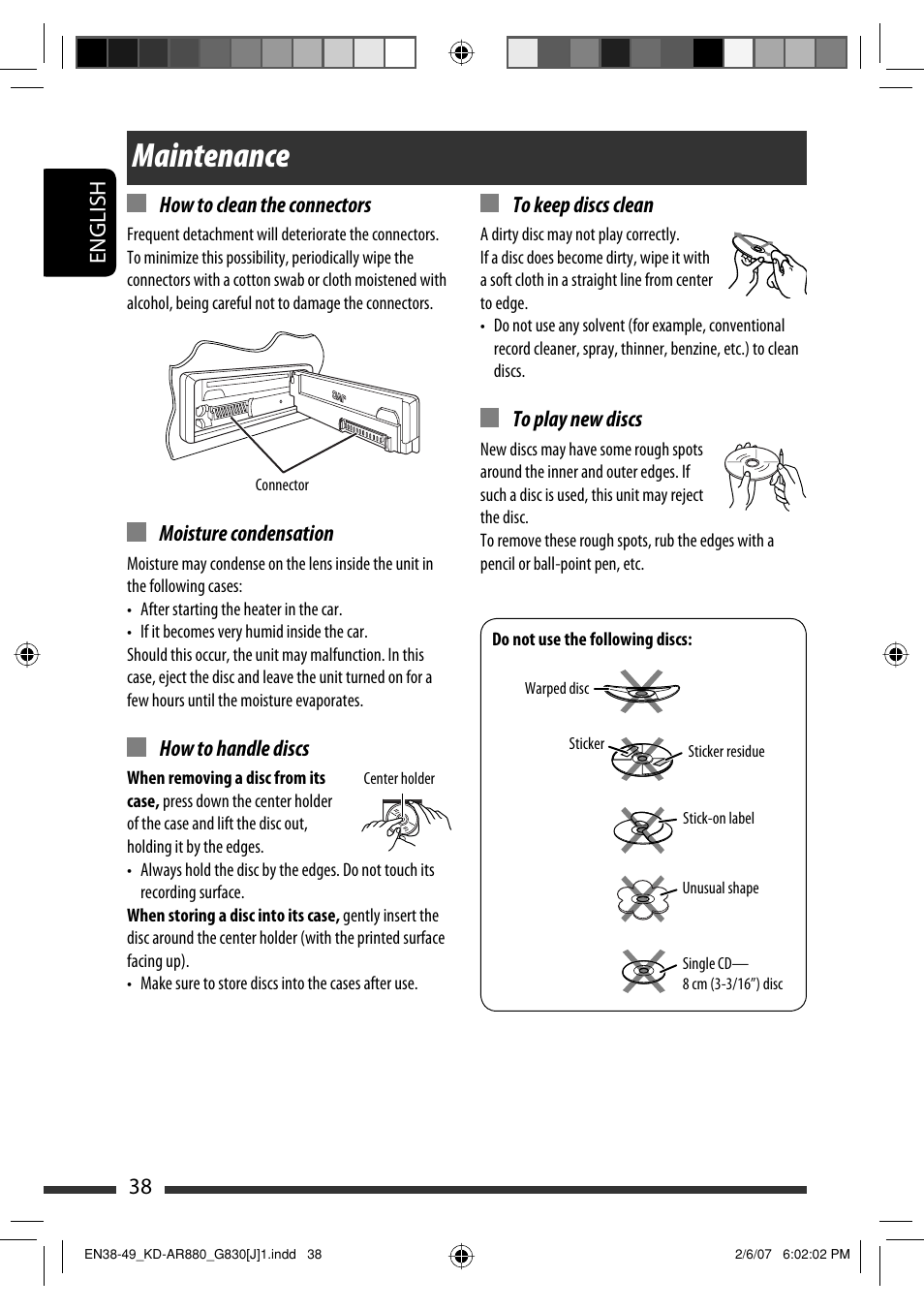 Maintenance, English 38 how to clean the connectors, Moisture condensation | How to handle discs | JVC KD-AR880J User Manual | Page 38 / 147