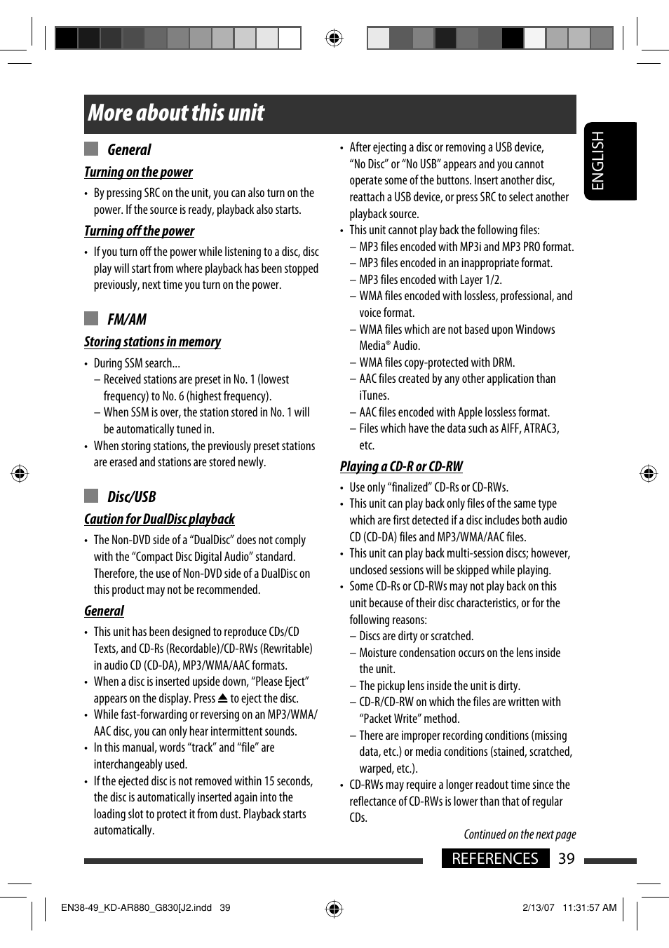 More about this unit, English 39 references general, Fm/am | Disc/usb | JVC KD-AR880J User Manual | Page 39 / 147