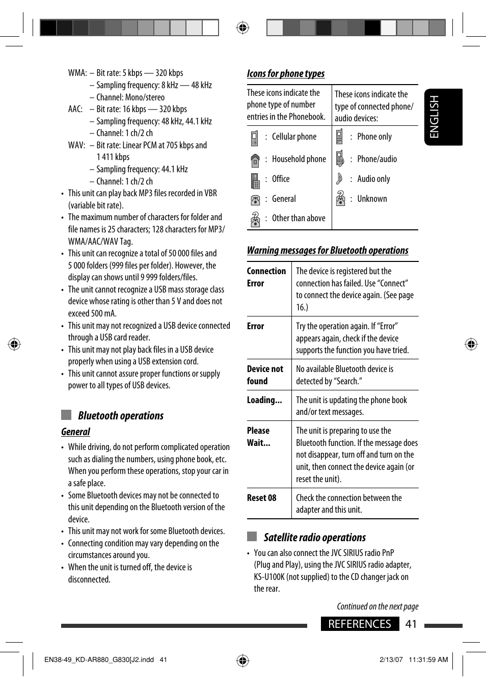 English 41 references, Satellite radio operations, Bluetooth operations | JVC KD-AR880J User Manual | Page 41 / 147