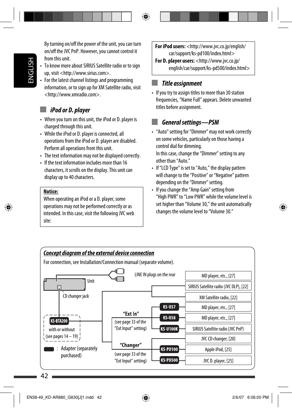 English 42, Title assignment, General settings—psm | Ipod or d. player | JVC KD-AR880J User Manual | Page 42 / 147