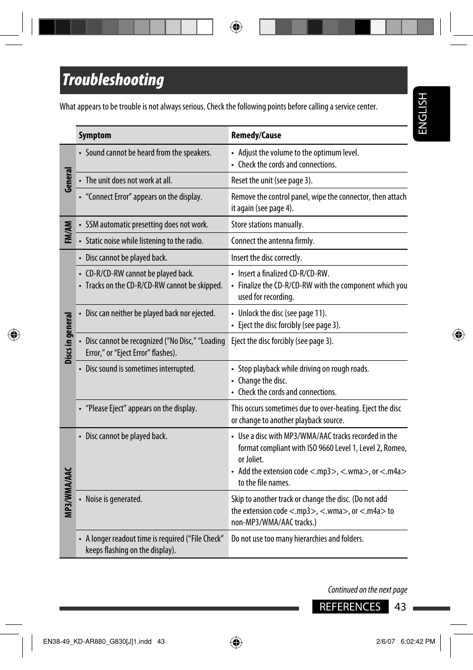 Troubleshooting, English 43 references | JVC KD-AR880J User Manual | Page 43 / 147