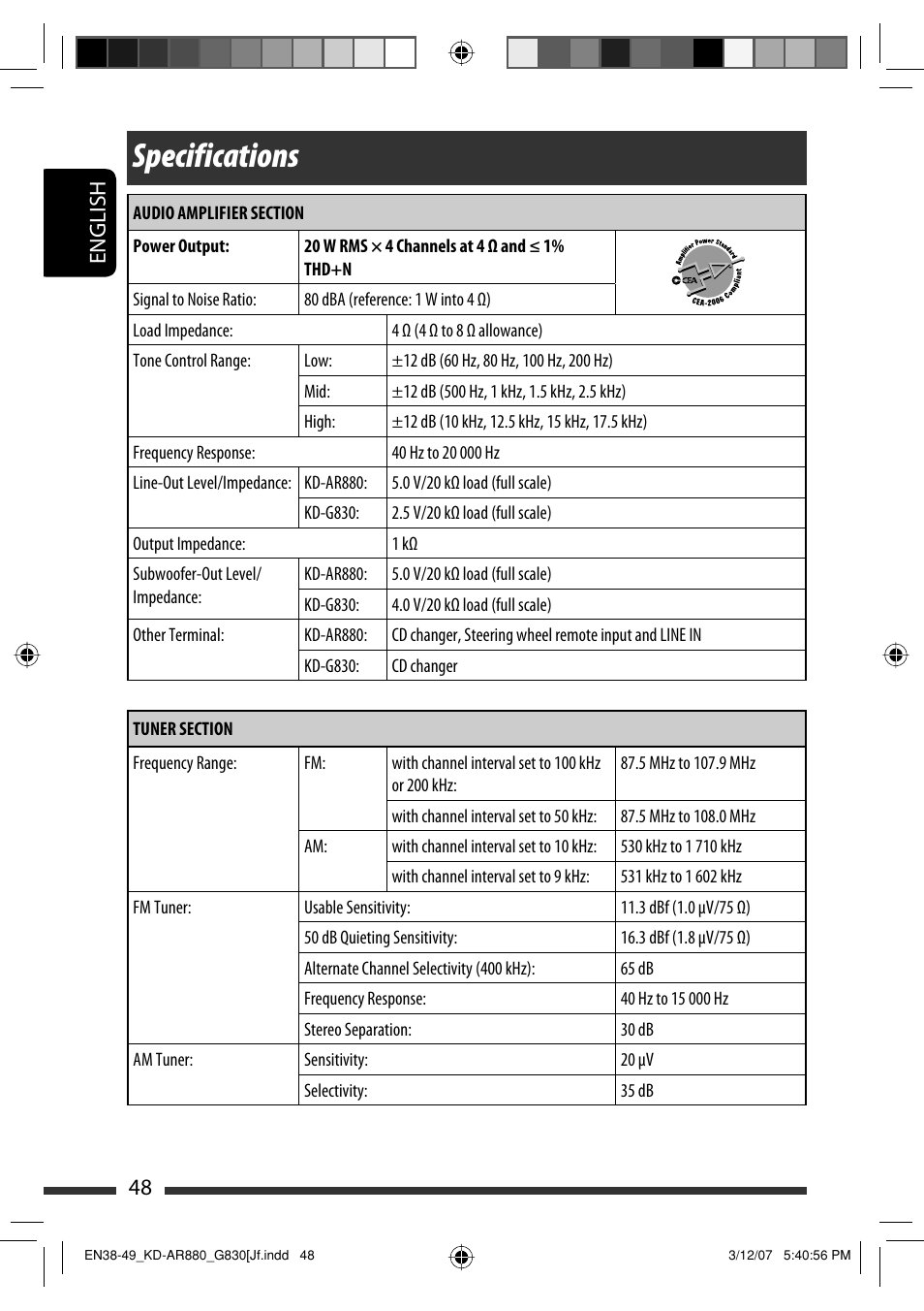 Specifications, English 48 | JVC KD-AR880J User Manual | Page 48 / 147