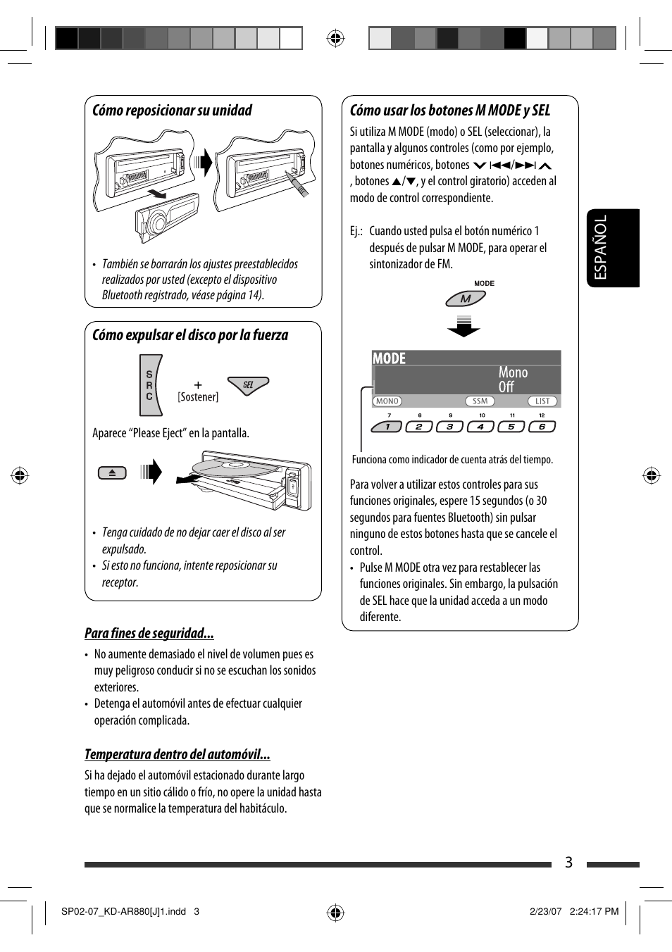 Español 3 cómo reposicionar su unidad, Cómo expulsar el disco por la fuerza, Cómo usar los botones m mode y sel | JVC KD-AR880J User Manual | Page 51 / 147