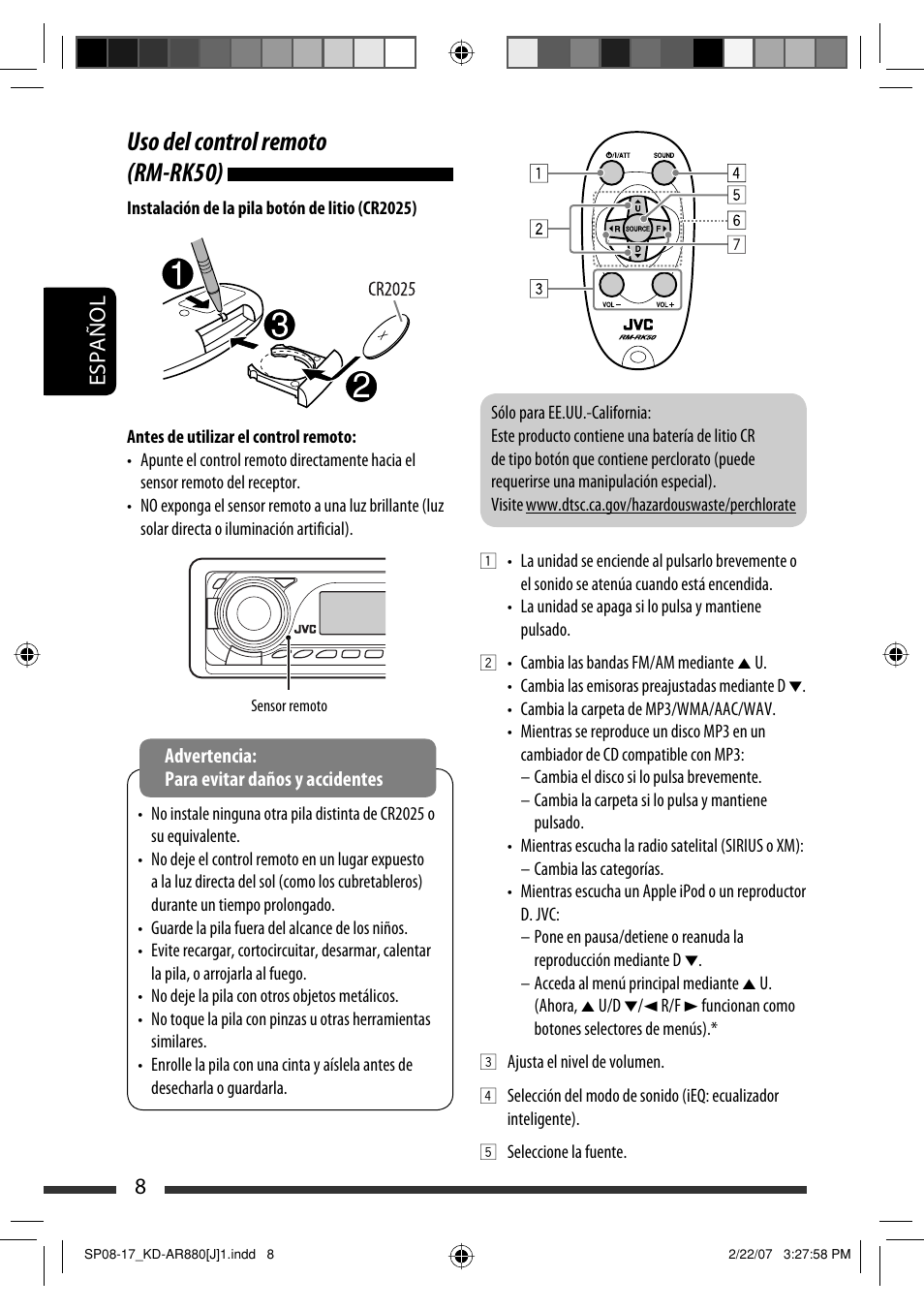 Uso del control remoto (rm-rk50), Español 8 | JVC KD-AR880J User Manual | Page 56 / 147