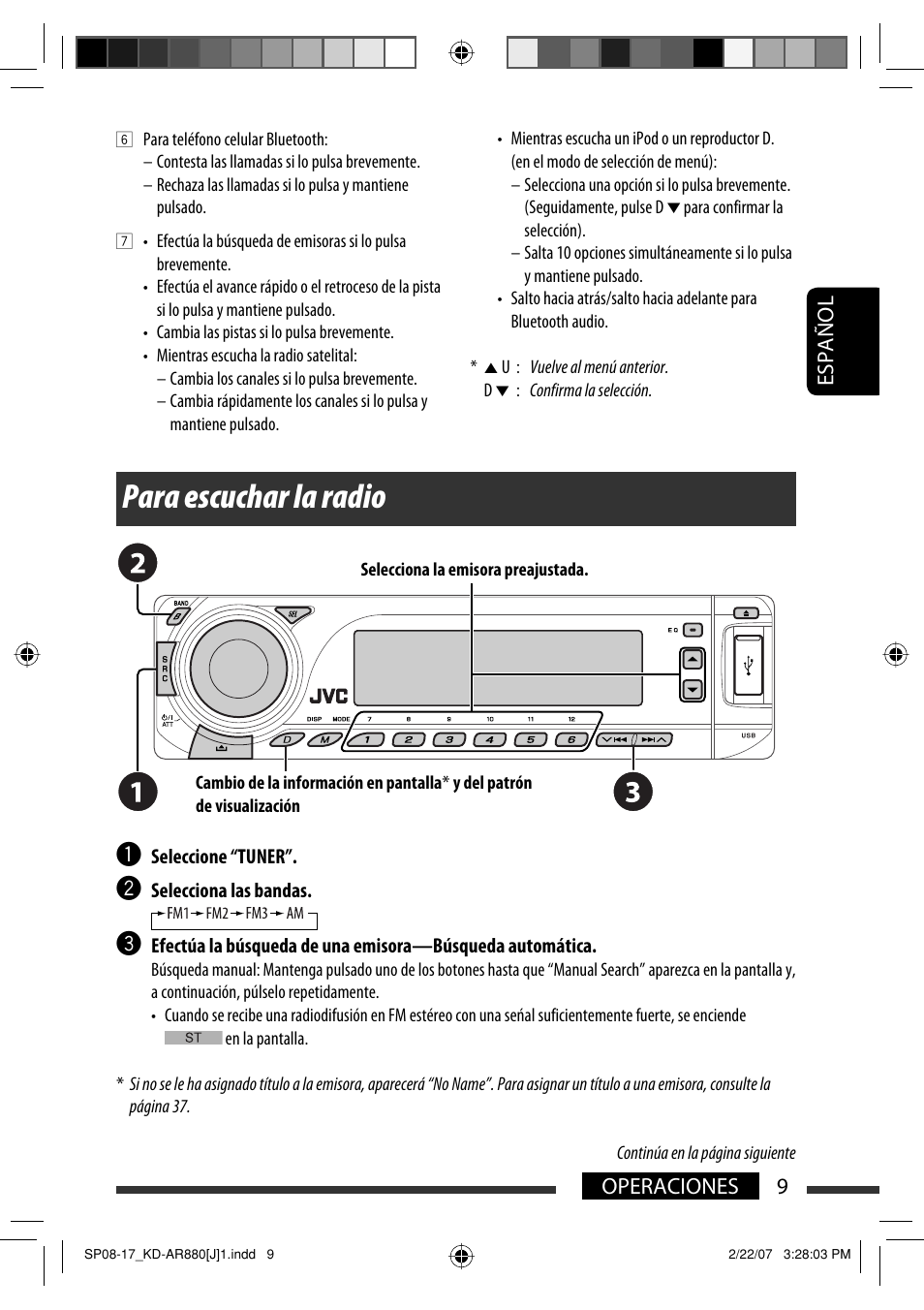 Para escuchar la radio, Español 9 operaciones | JVC KD-AR880J User Manual | Page 57 / 147