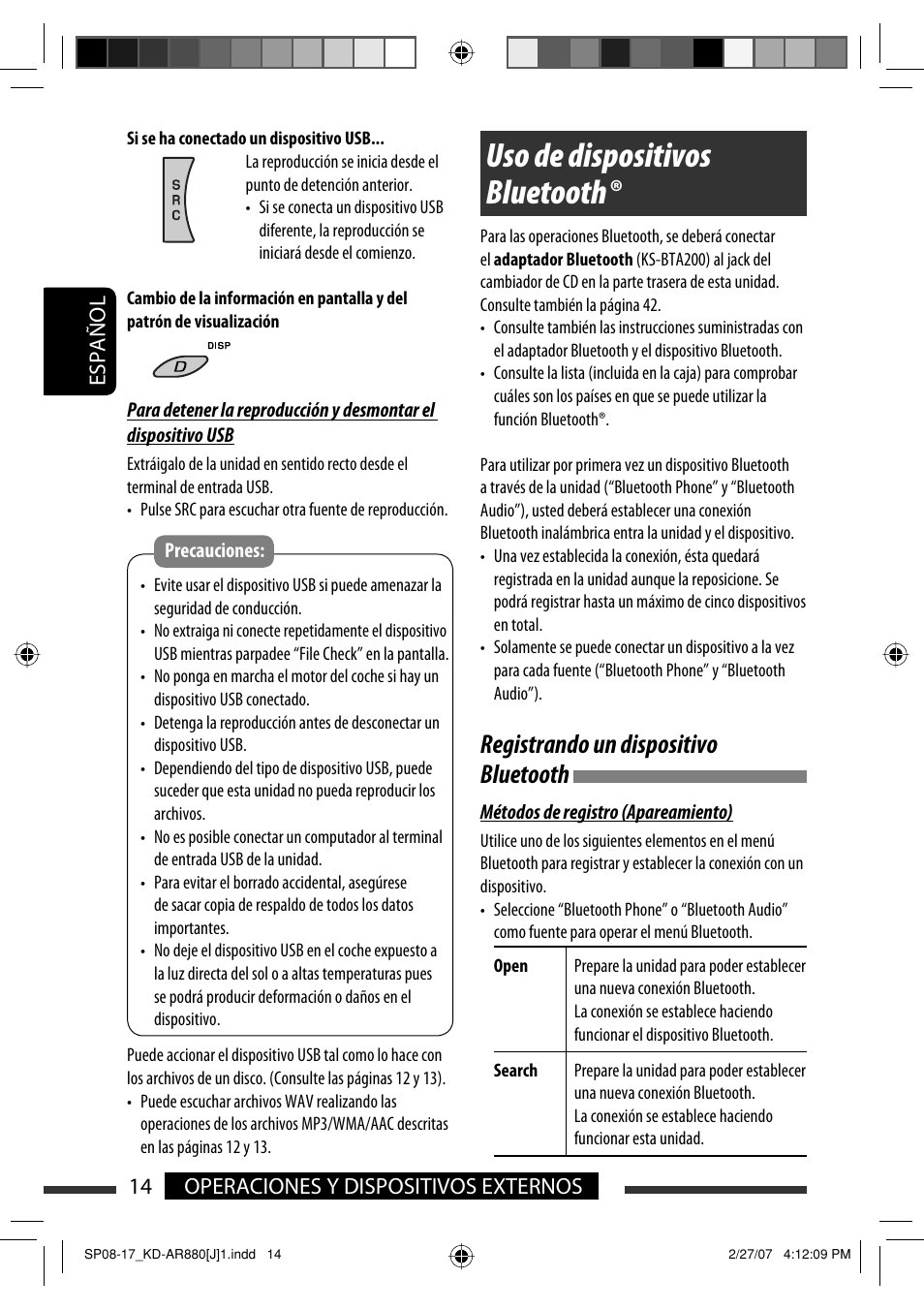 Uso de dispositivos bluetooth, Registrando un dispositivo bluetooth, Español 14 operaciones y dispositivos externos | JVC KD-AR880J User Manual | Page 62 / 147