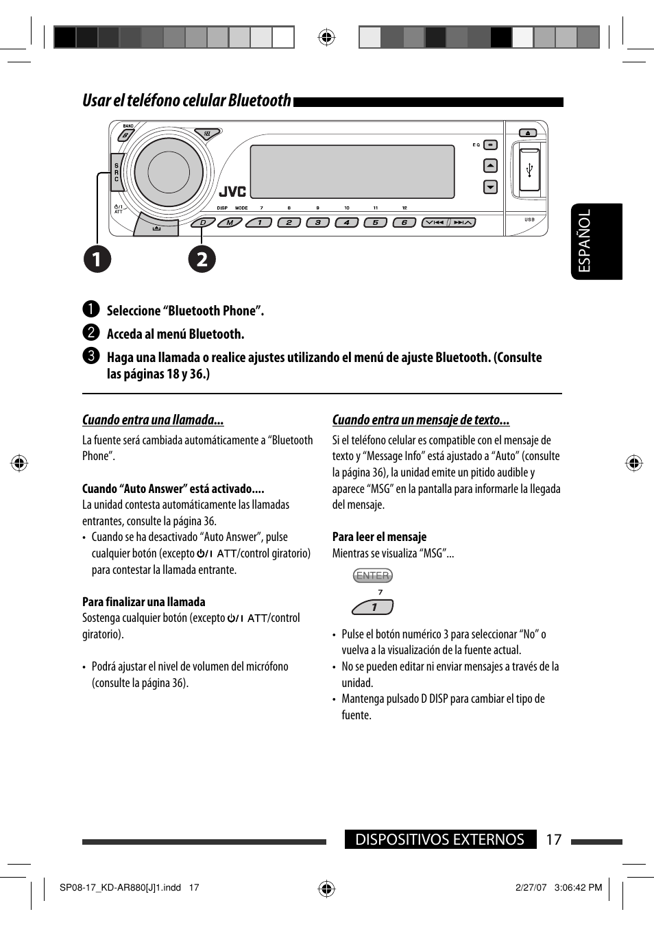 Usar el teléfono celular bluetooth | JVC KD-AR880J User Manual | Page 65 / 147