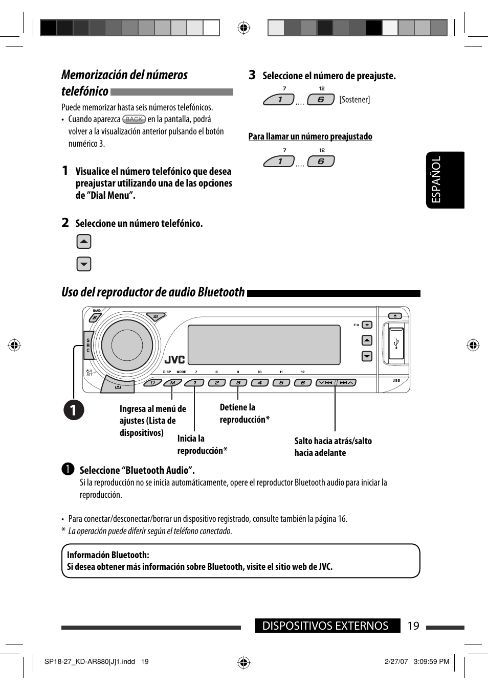Uso del reproductor de audio bluetooth | JVC KD-AR880J User Manual | Page 67 / 147