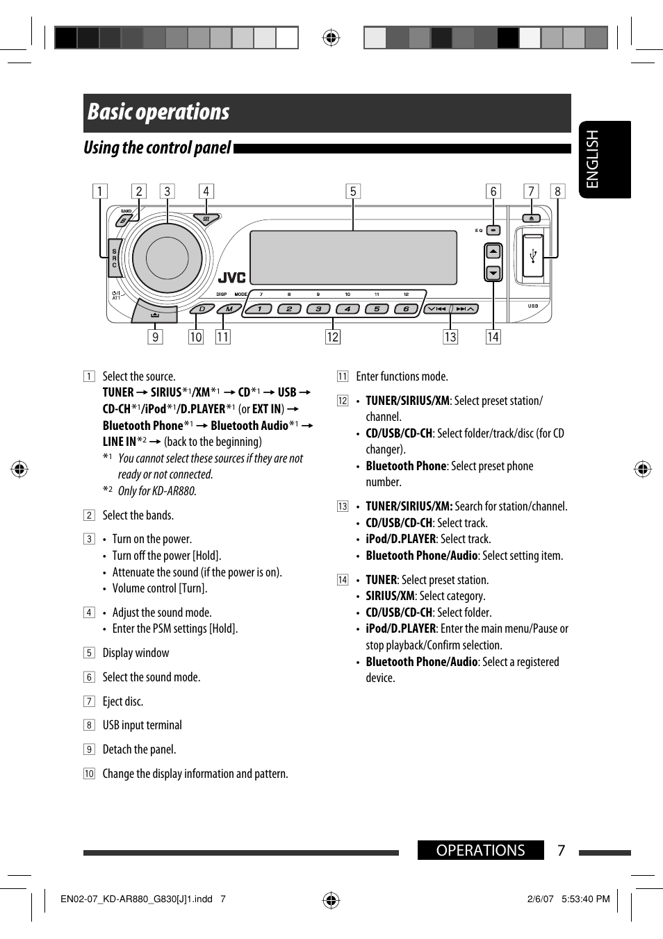 Basic operations, Using the control panel, English 7 operations | JVC KD-AR880J User Manual | Page 7 / 147