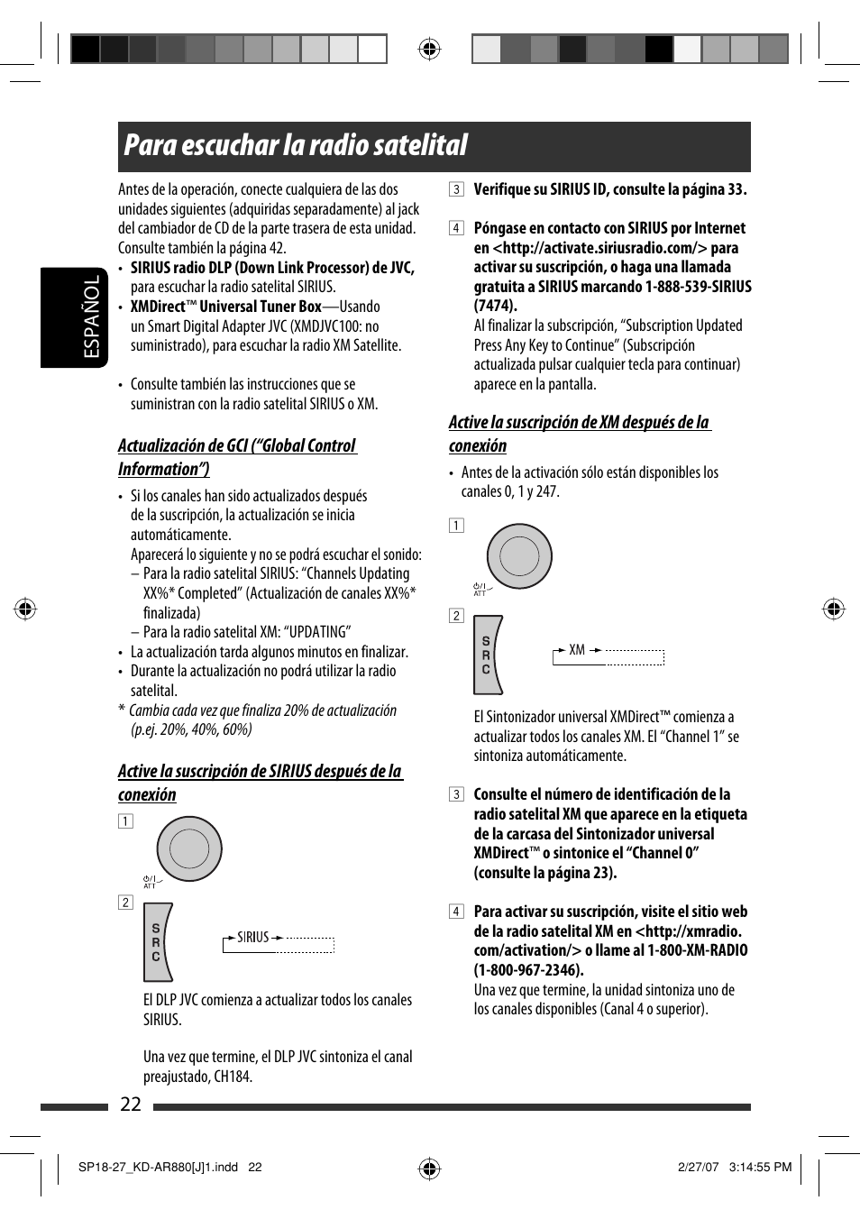 Para escuchar la radio satelital, Español 22 | JVC KD-AR880J User Manual | Page 70 / 147