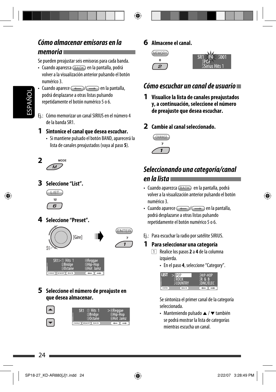 Cómo escuchar un canal de usuario 1, Seleccionando una categoría/canal en la lista | JVC KD-AR880J User Manual | Page 72 / 147