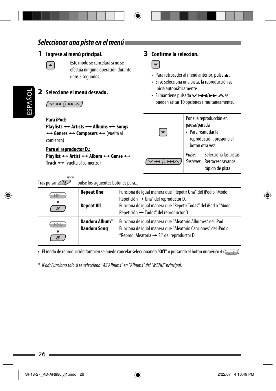 Seleccionar una pista en el menú, Español 26 | JVC KD-AR880J User Manual | Page 74 / 147