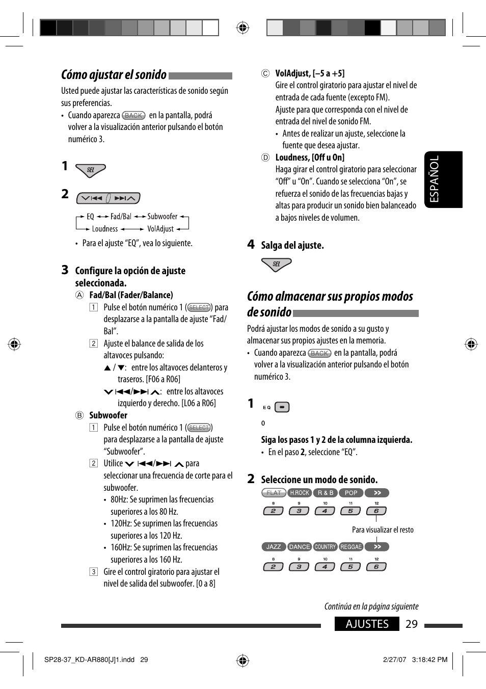 Cómo almacenar sus propios modos de sonido, Cómo ajustar el sonido, Español 29 ajustes | JVC KD-AR880J User Manual | Page 77 / 147