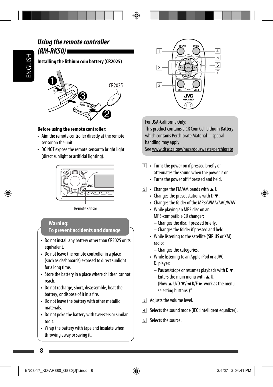 Using the remote controller (rm-rk50), English 8 | JVC KD-AR880J User Manual | Page 8 / 147