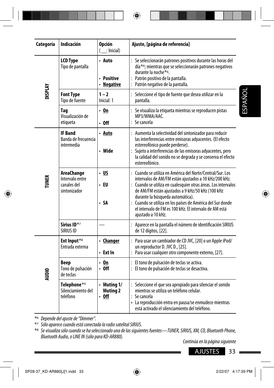 Español 33 ajustes | JVC KD-AR880J User Manual | Page 81 / 147
