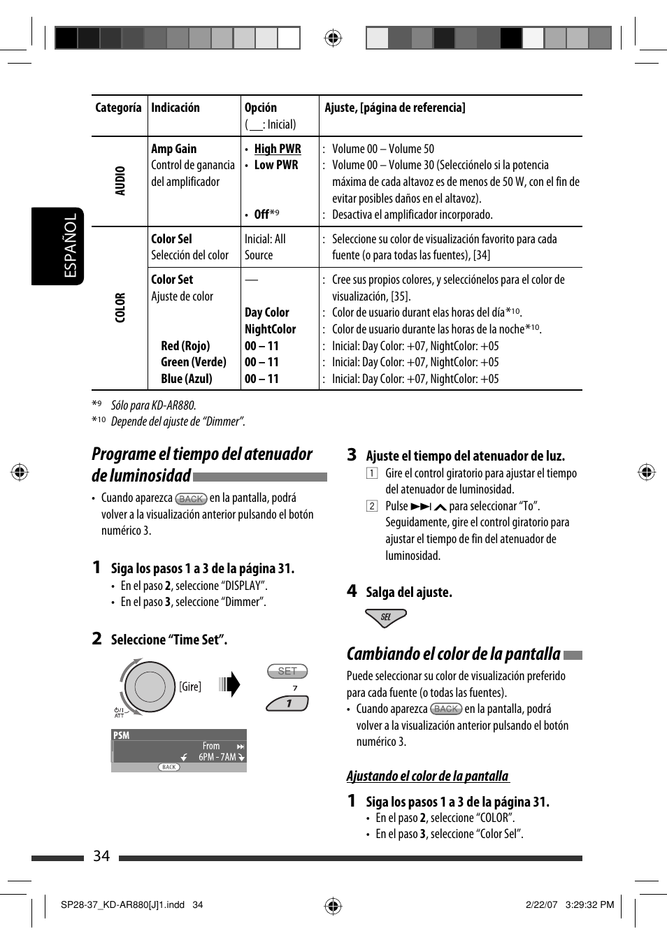 Cambiando el color de la pantalla, Programe el tiempo del atenuador de luminosidad, Español 34 | JVC KD-AR880J User Manual | Page 82 / 147