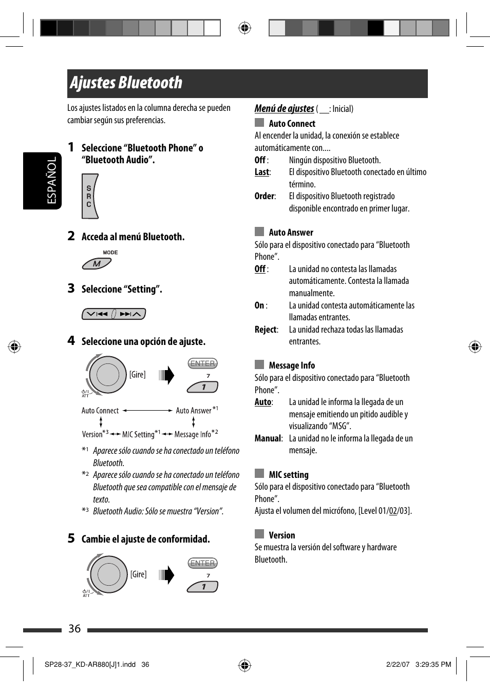 Ajustes bluetooth, Español 36 | JVC KD-AR880J User Manual | Page 84 / 147
