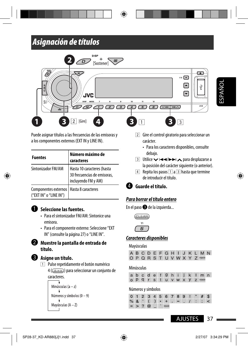 Asignación de títulos, Español 37 ajustes | JVC KD-AR880J User Manual | Page 85 / 147