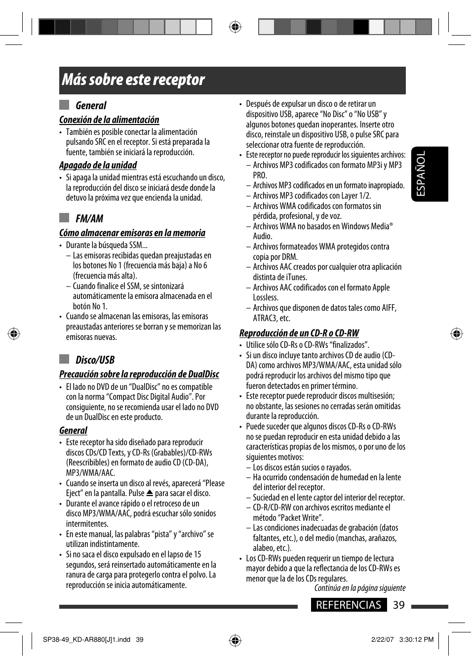 Más sobre este receptor, Español 39 referencias general, Fm/am | Disco/usb | JVC KD-AR880J User Manual | Page 87 / 147