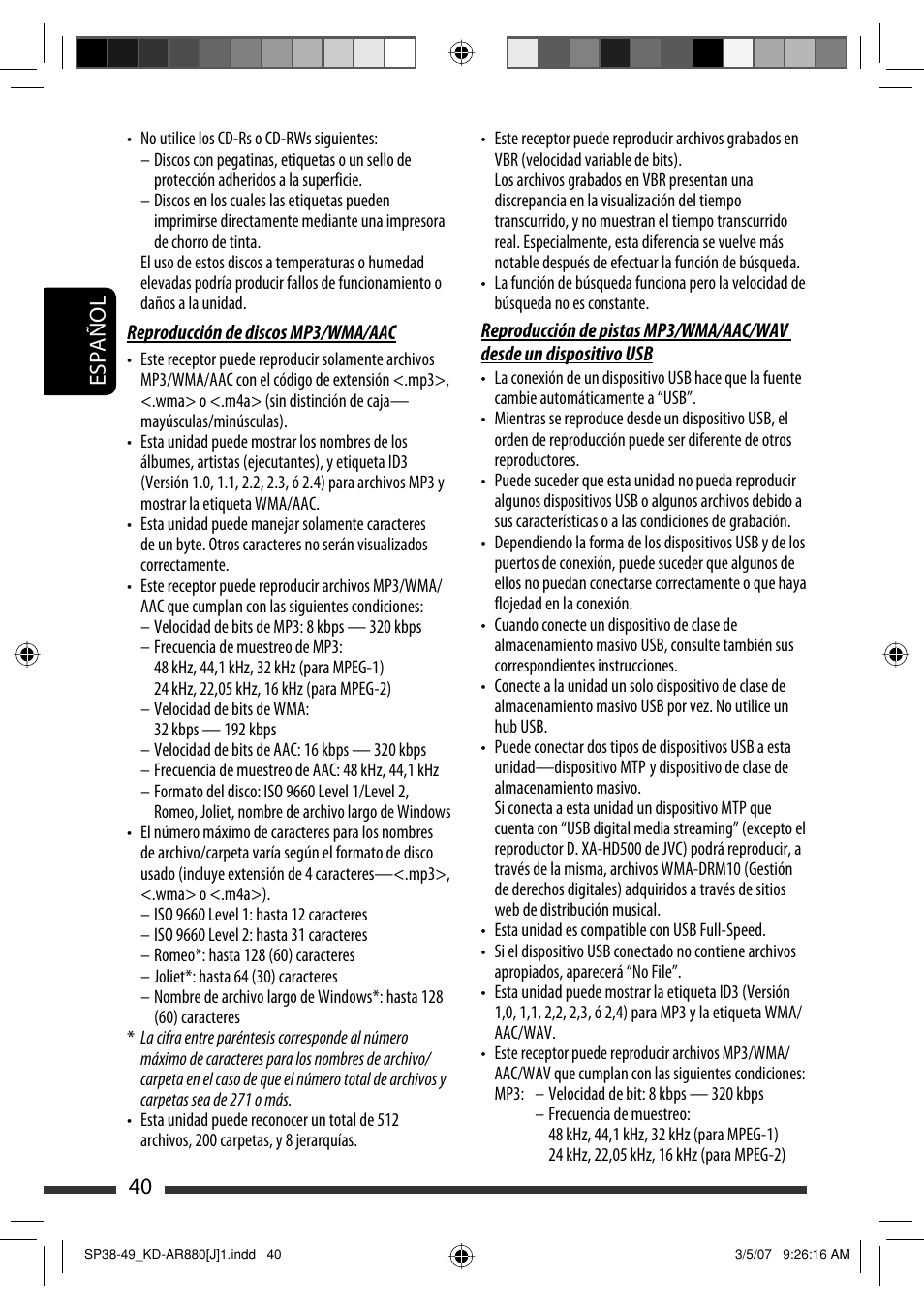 Español 40 | JVC KD-AR880J User Manual | Page 88 / 147