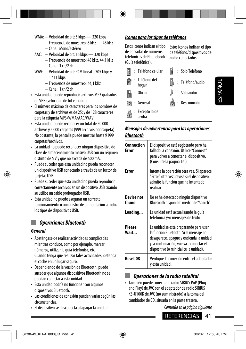 Español 41 referencias, Operaciones de la radio satelital, Operaciones bluetooth | JVC KD-AR880J User Manual | Page 89 / 147