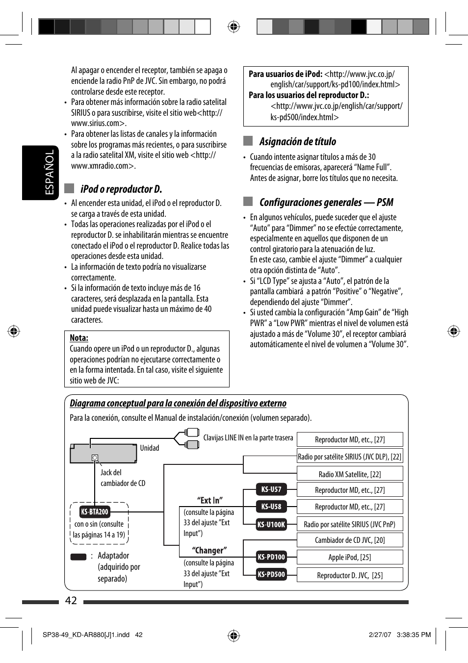 Español 42, Asignación de título, Configuraciones generales — psm | Ipod o reproductor d | JVC KD-AR880J User Manual | Page 90 / 147