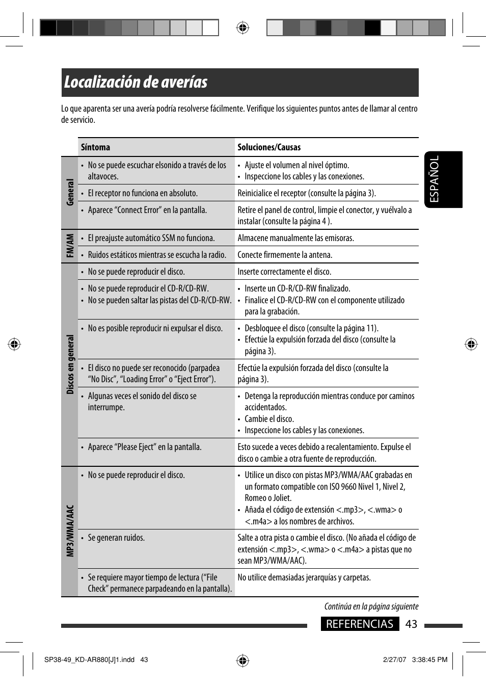 Localización de averías, Español 43 referencias | JVC KD-AR880J User Manual | Page 91 / 147