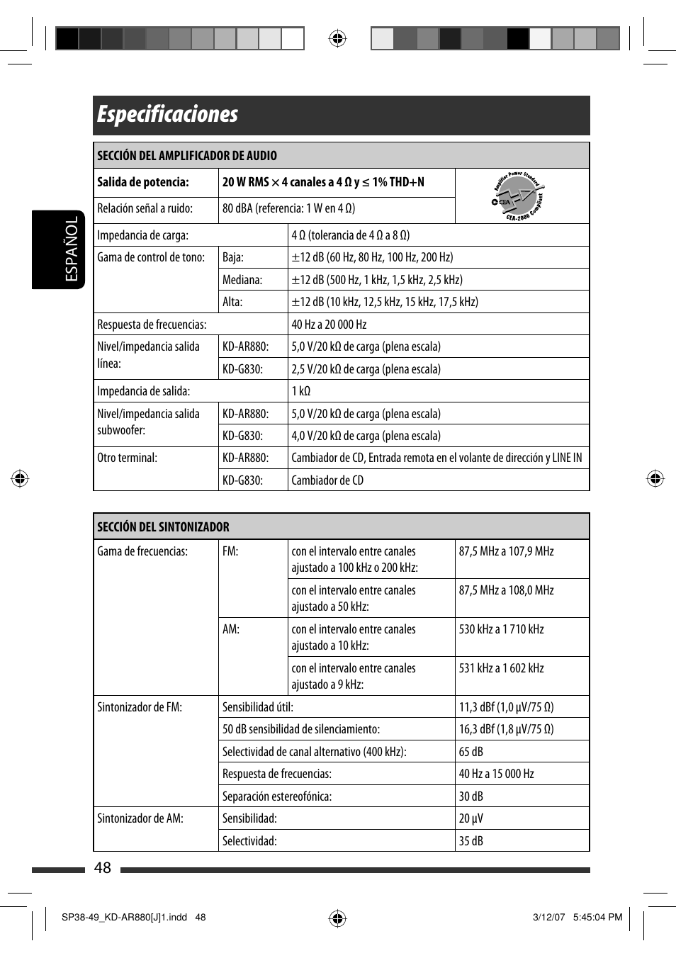 Especificaciones, Español 48 | JVC KD-AR880J User Manual | Page 96 / 147