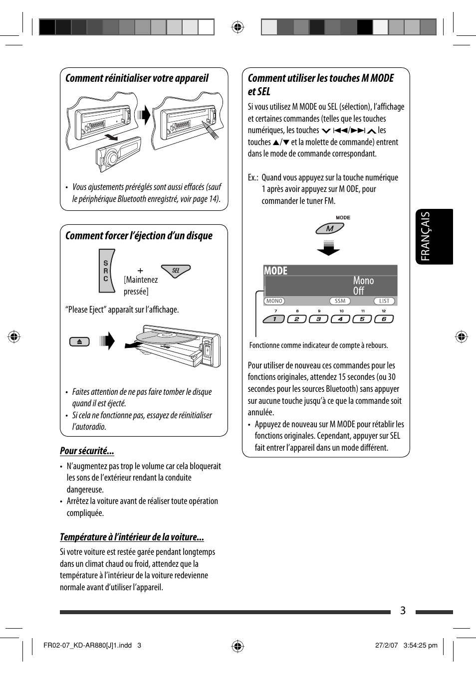 Français 3 comment réinitialiser votre appareil, Comment forcer l’éjection d’un disque, Comment utiliser les touches m mode et sel | JVC KD-AR880J User Manual | Page 99 / 147