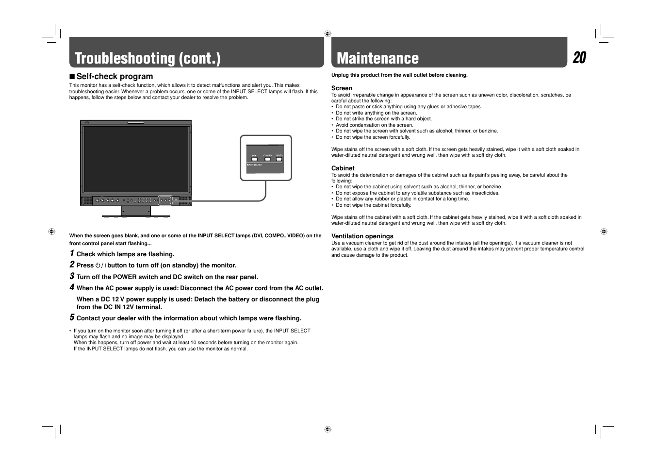 Self-check program, Maintenance, Troubleshooting (cont.) | JVC DT-V17L3DY User Manual | Page 20 / 24