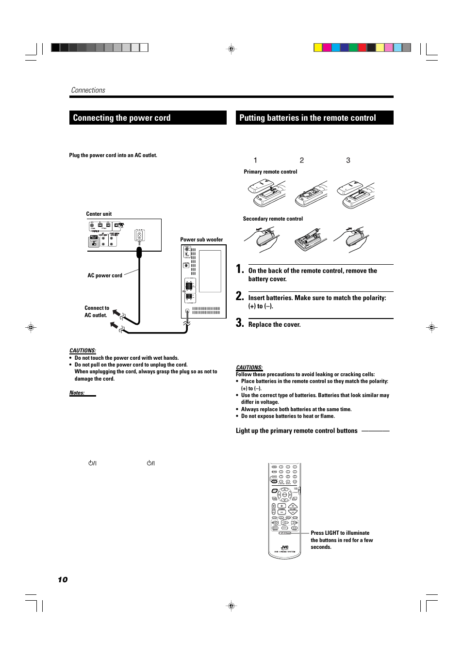 Connecting the power cord, Putting batteries in the remote control | JVC TH-A104 User Manual | Page 12 / 68