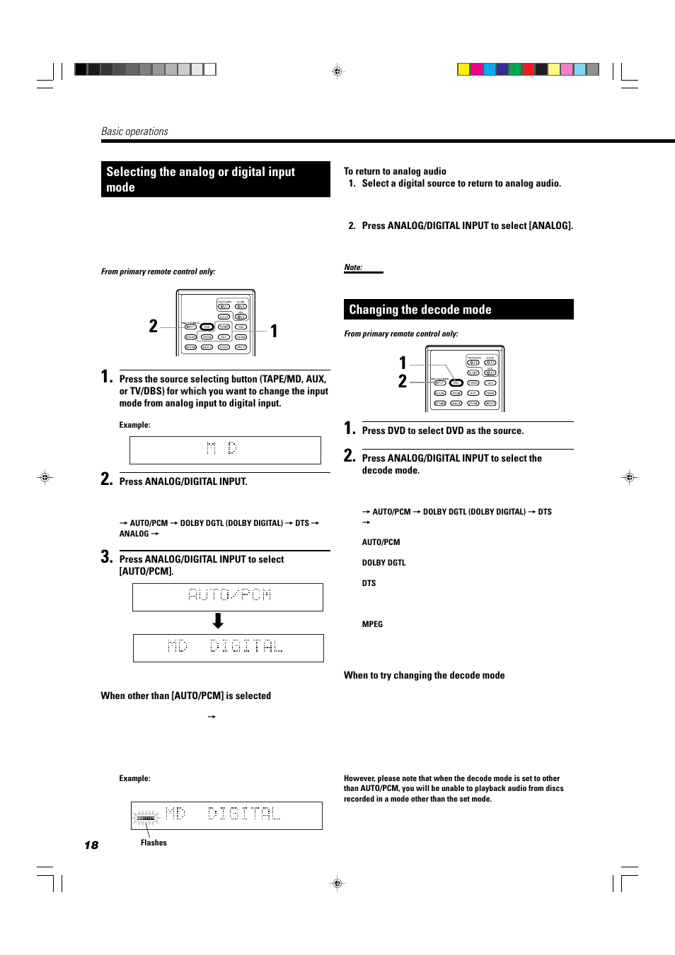 Selecting the analog or digital input mode, Changing the decode mode | JVC TH-A104 User Manual | Page 20 / 68
