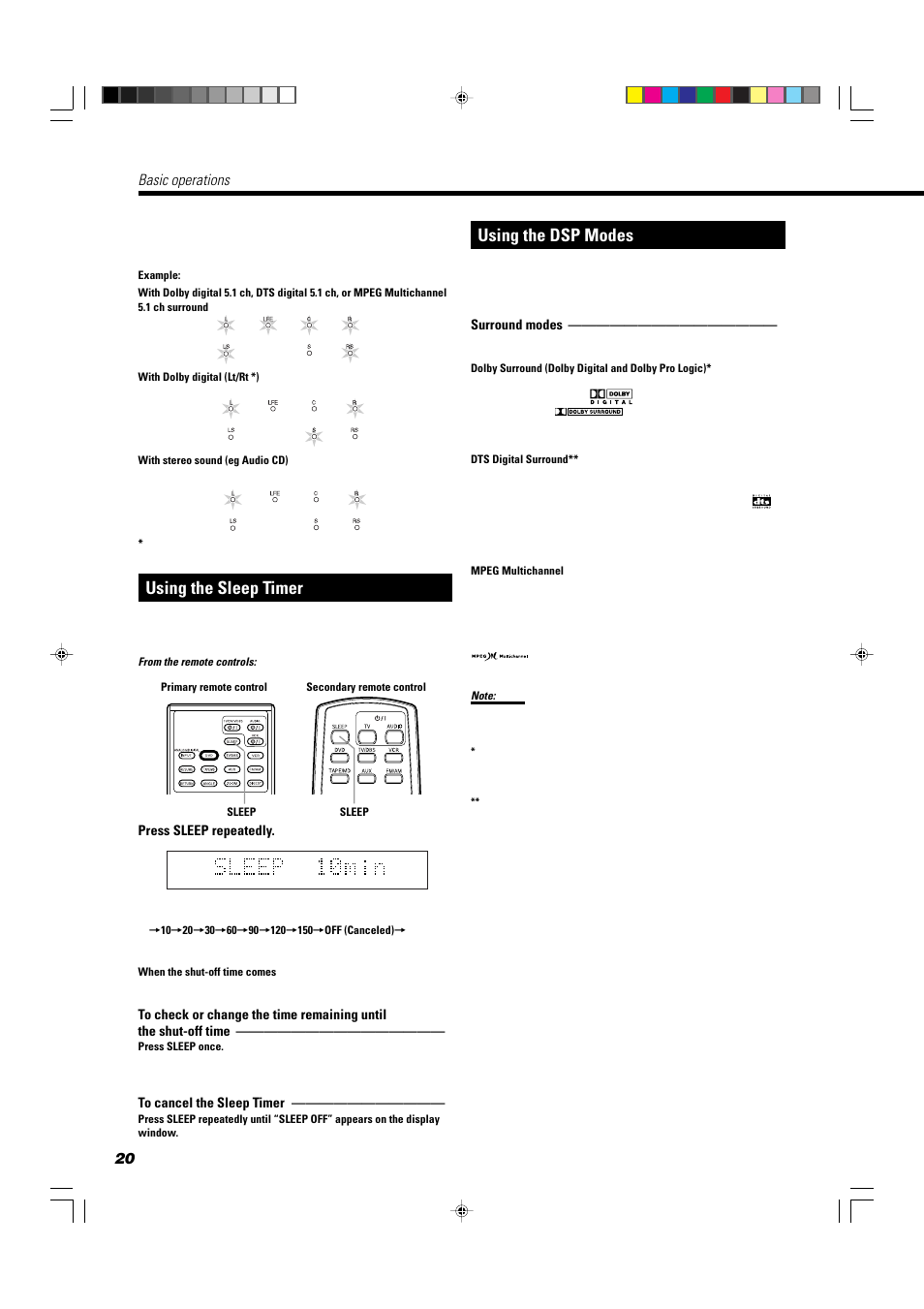 Using the sleep timer, Using the dsp modes, Basic operations | JVC TH-A104 User Manual | Page 22 / 68