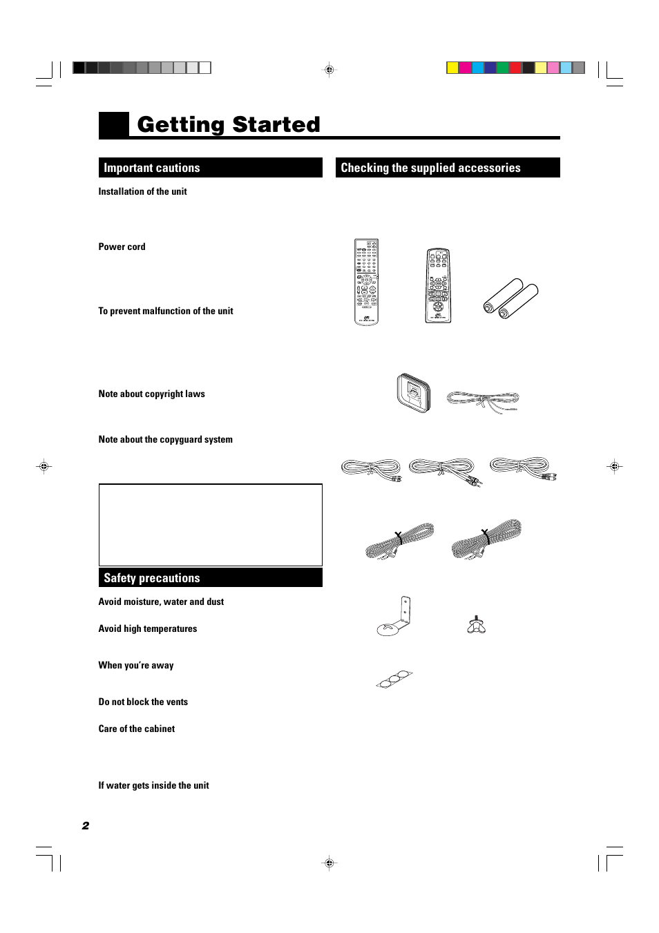 Getting started, Important cautions, Safety precautions | Checking the supplied accessories | JVC TH-A104 User Manual | Page 4 / 68