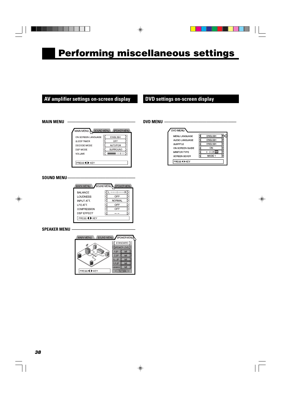 Performing miscellaneous settings, Av amplifier settings on-screen display, Dvd settings on-screen display | JVC TH-A104 User Manual | Page 40 / 68
