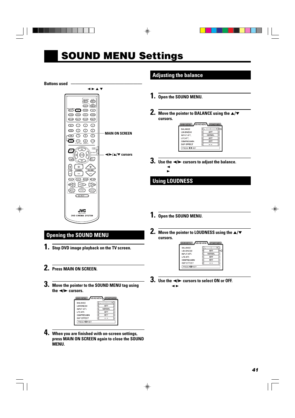 Sound menu settings | JVC TH-A104 User Manual | Page 43 / 68