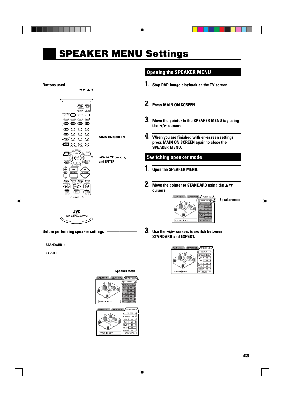 Speaker menu settings | JVC TH-A104 User Manual | Page 45 / 68