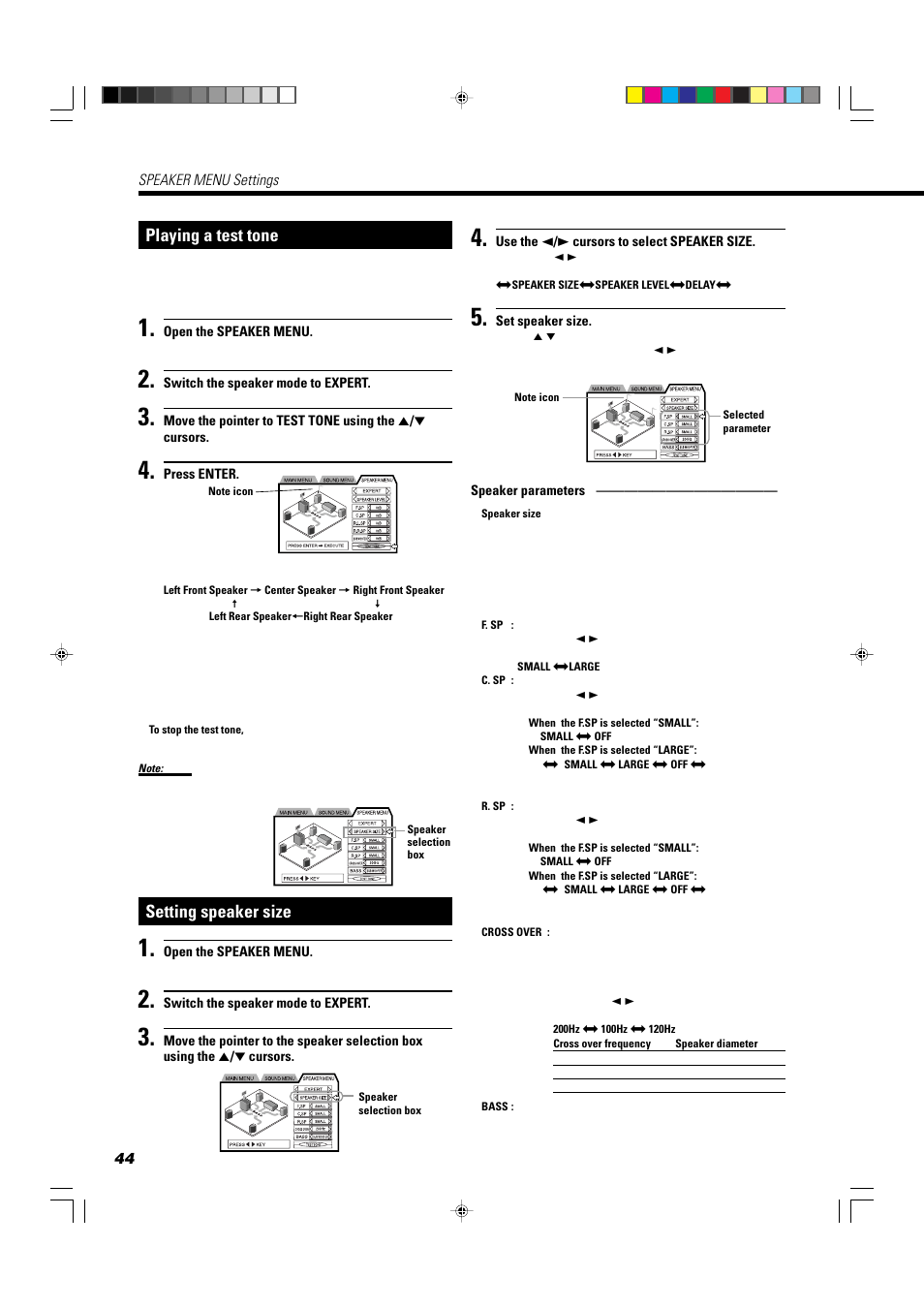 Playing a test tone, Setting speaker size | JVC TH-A104 User Manual | Page 46 / 68