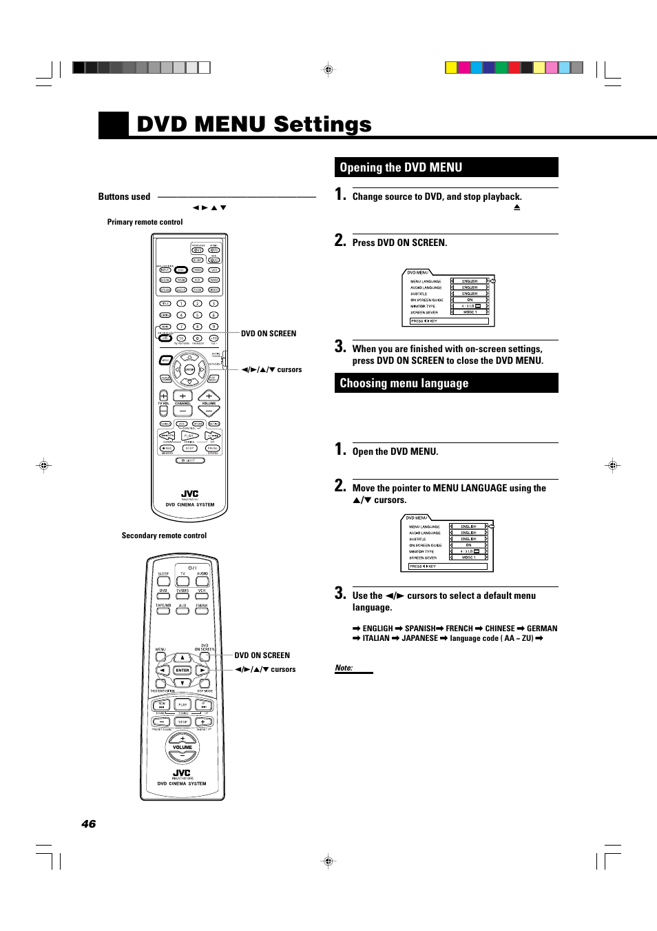 Dvd menu settings, Opening the dvd menu, Choosing menu language | JVC TH-A104 User Manual | Page 48 / 68