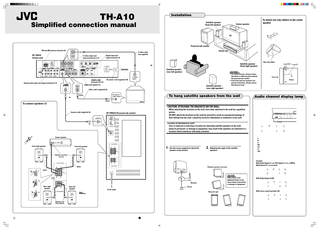 Simplified connection manual, Th-a10, Dvd digital theater system | Installation, Audio channel display lamp, Caution: attaching the brackets on the wall | JVC TH-A104 User Manual | Page 67 / 68