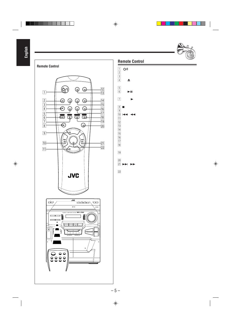 English, Remote control, Standby | Compact digital audio, Tuning tuning, Play & exchanger | JVC CA-MXJ100 User Manual | Page 10 / 34