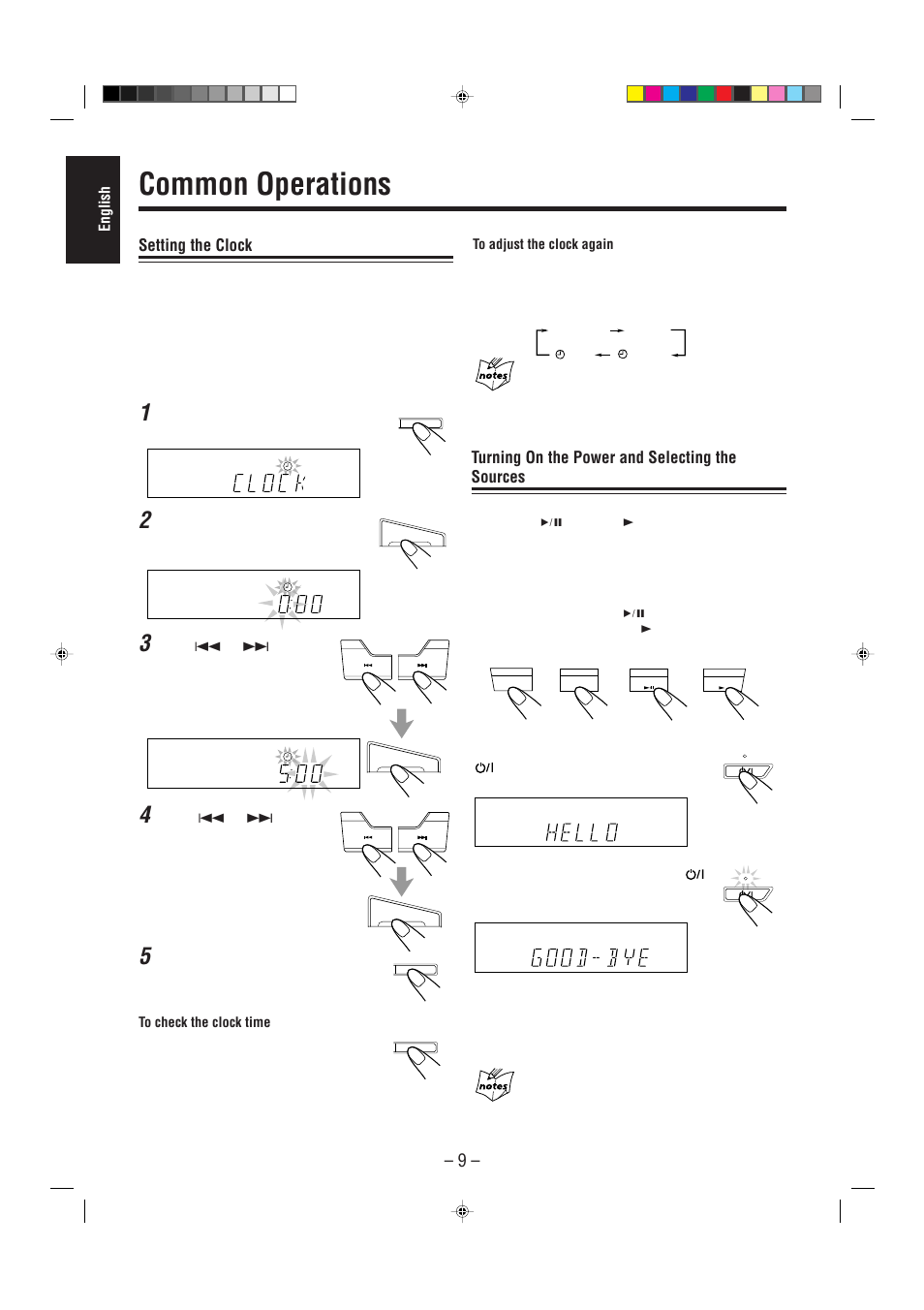 Common operations, Setting the clock, Turning on the power and selecting the sources | JVC CA-MXJ100 User Manual | Page 14 / 34