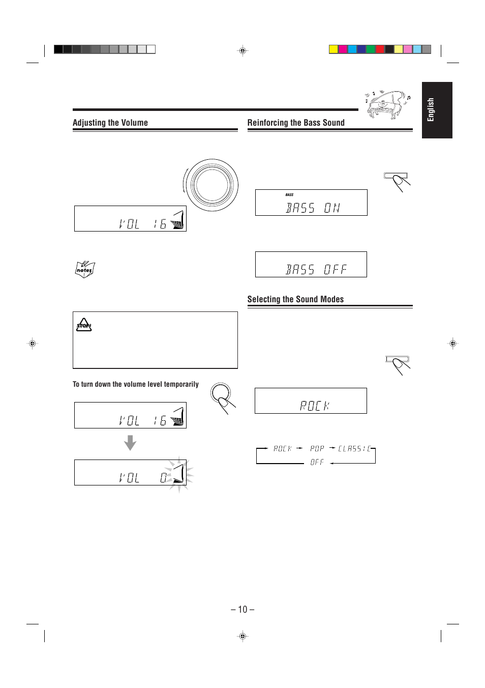 Reinforcing the bass sound, Selecting the sound modes, Adjusting the volume | English | JVC CA-MXJ100 User Manual | Page 15 / 34