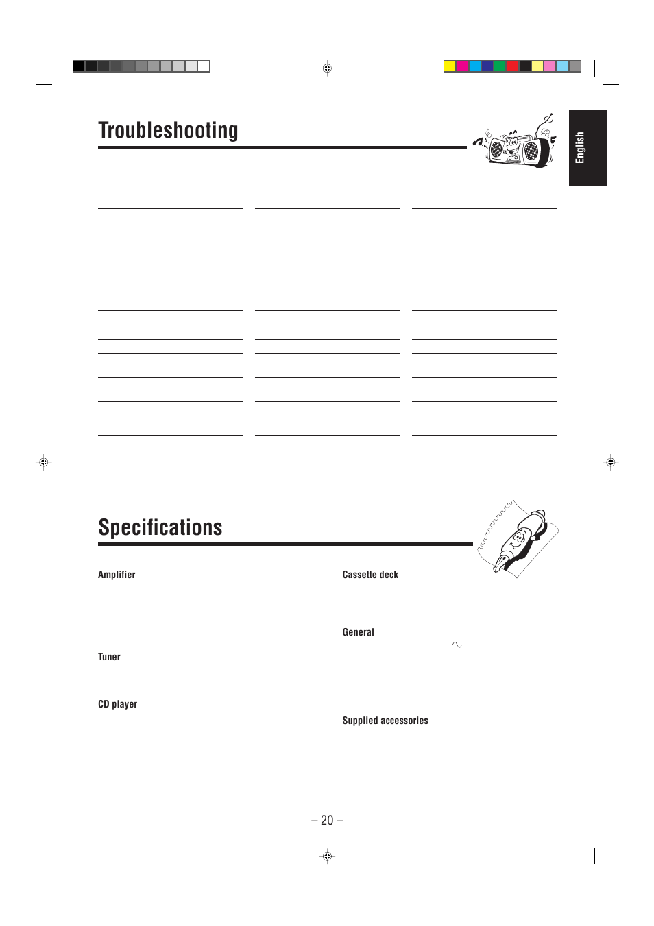 Troubleshooting, Specifications, English | JVC CA-MXJ100 User Manual | Page 25 / 34