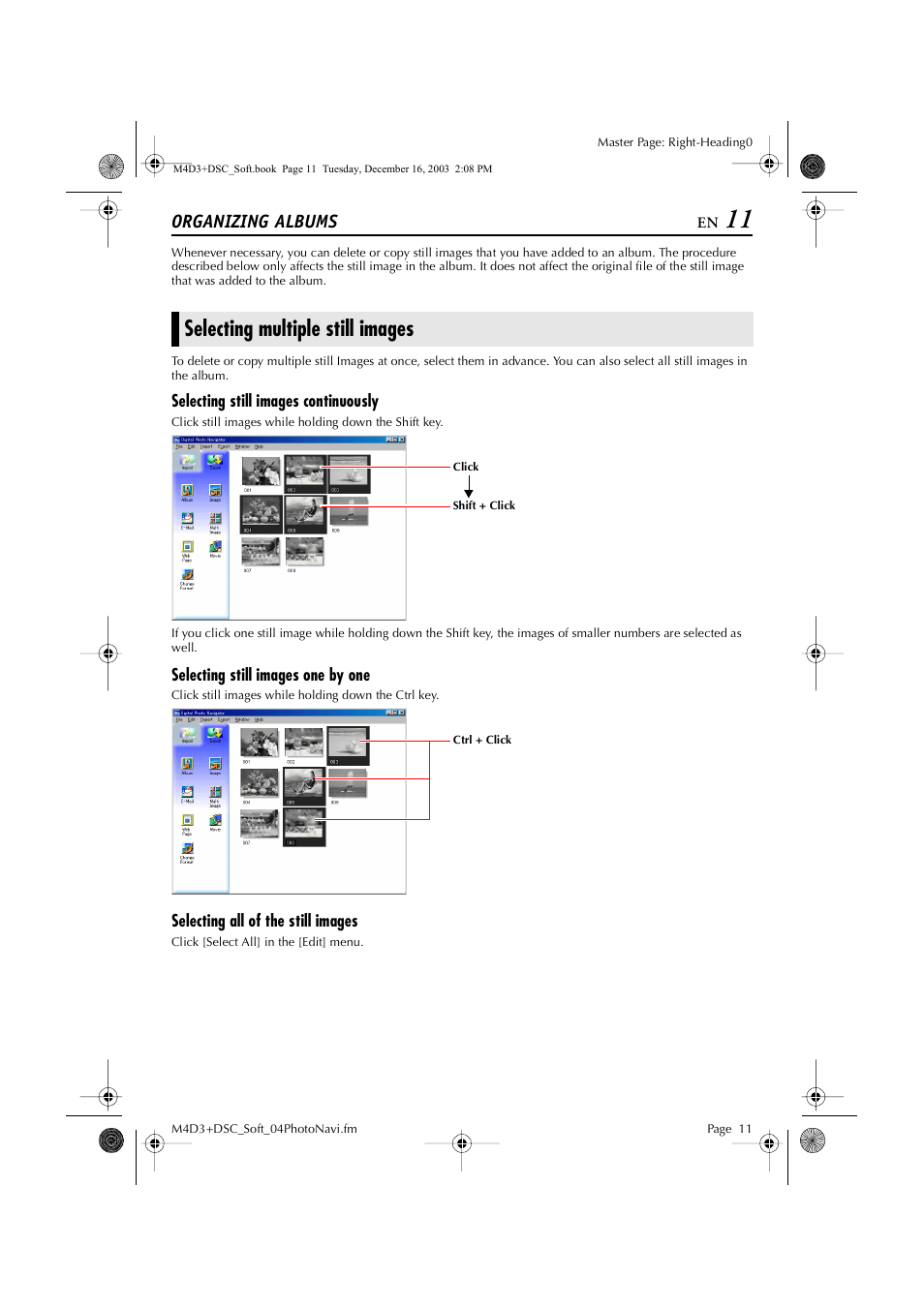 Organizing albums, Selecting multiple still images, Selecting still images continuously | Selecting still images one by one, Selecting all of the still images | JVC ImageMixer 1.7 LYT1282-001A User Manual | Page 11 / 43