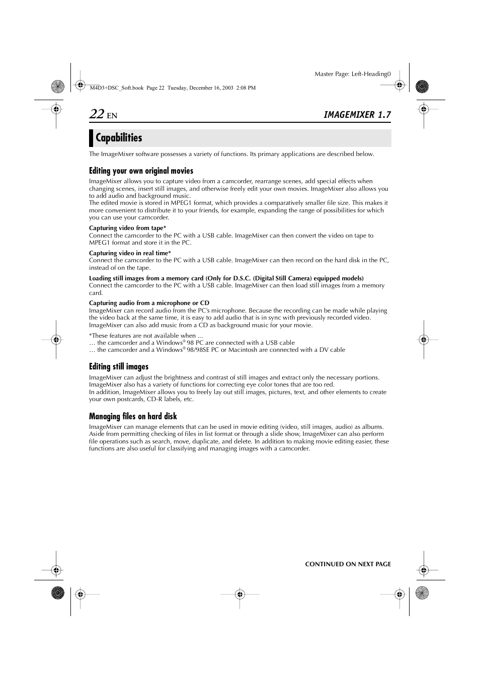Imagemixer 1.7, Capabilities, Editing your own original movies | Editing still images, Managing files on hard disk | JVC ImageMixer 1.7 LYT1282-001A User Manual | Page 22 / 43