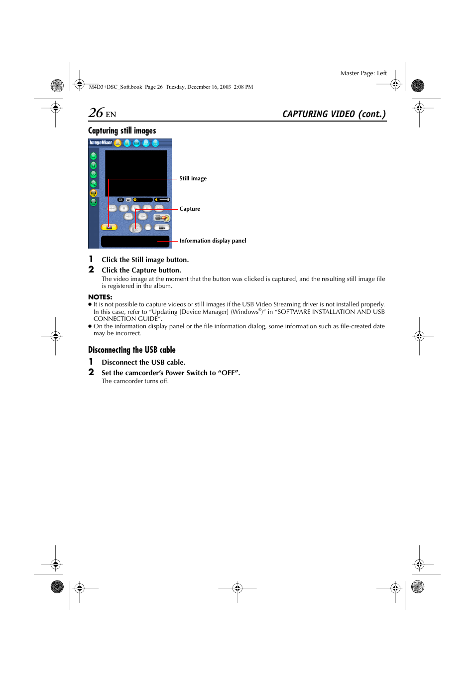 Capturing still images, Disconnecting the usb cable, Capturing video (cont.) | JVC ImageMixer 1.7 LYT1282-001A User Manual | Page 26 / 43