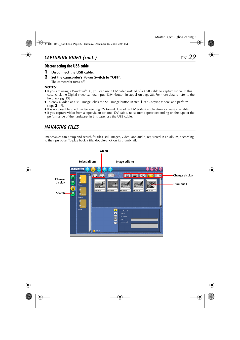 Disconnecting the usb cable, Managing files, Capturing video (cont.) | Disconnecting the usb cable 1 | JVC ImageMixer 1.7 LYT1282-001A User Manual | Page 29 / 43