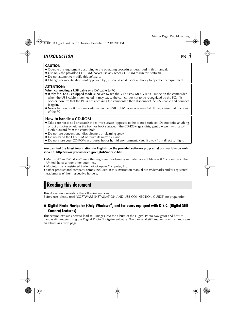 Introduction, Reading this document, Digital photo navigator (only windows | JVC ImageMixer 1.7 LYT1282-001A User Manual | Page 3 / 43