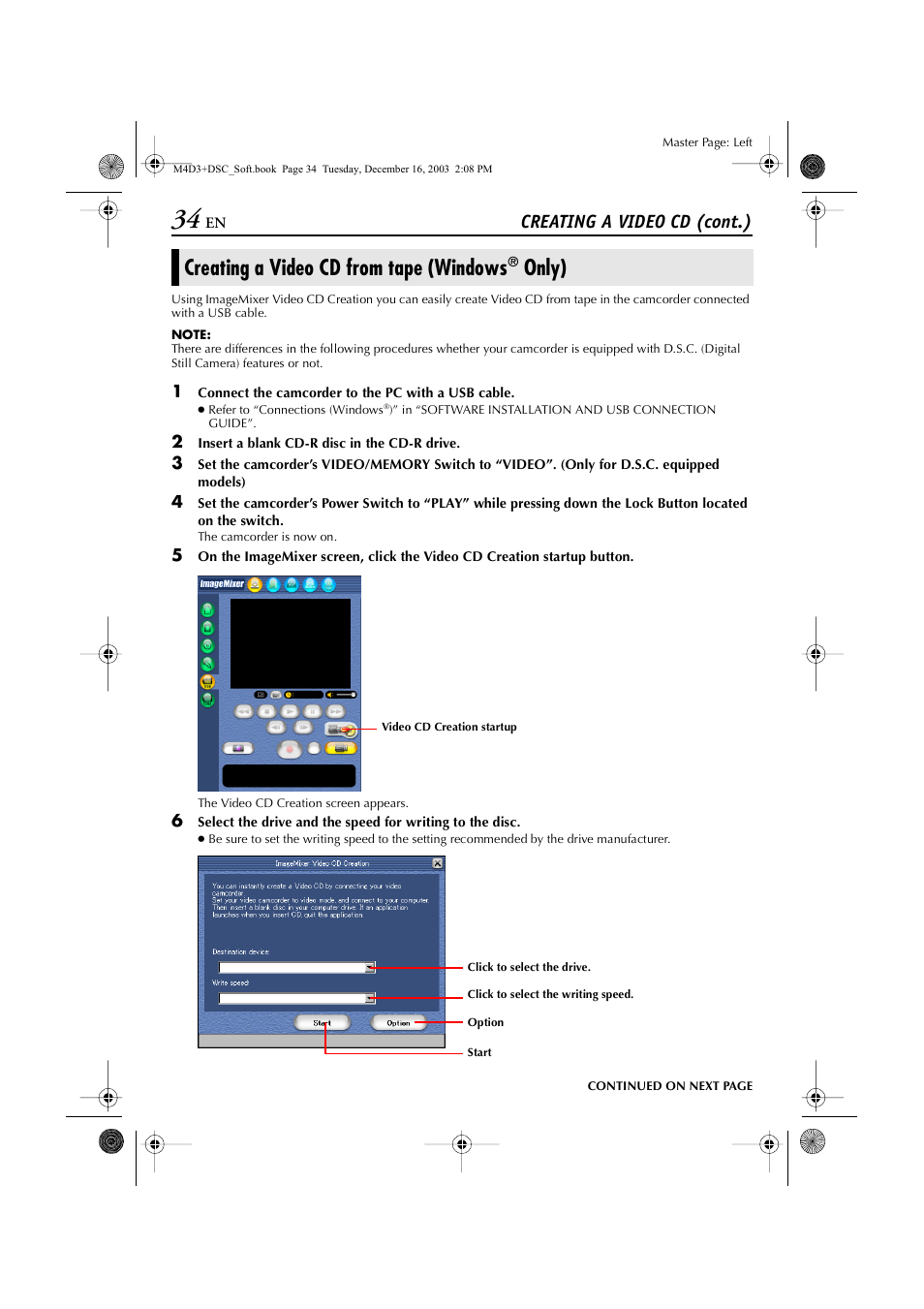 Creating a video cd from tape (windows® only), Creating a video cd from tape (windows, Only) | Creating a video cd (cont.) | JVC ImageMixer 1.7 LYT1282-001A User Manual | Page 34 / 43